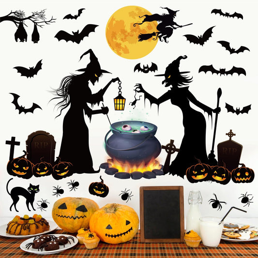 Halloween Wall Stickers Halloween Witch Bats Pumpkin Moon Wall Decals for Kids Bedroom Living Room Peel and Stick for Halloweens Nursery Party Supplies Decorations