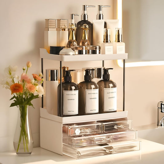 Brothersbox Bathroom Organizers and Storage, 5-Tier 4-Drawer Makeup Organizer Countertop, Multi-Purpose Large Makeup Vanity Organizer, Hair Product, Perfume & Skincare Storage, White