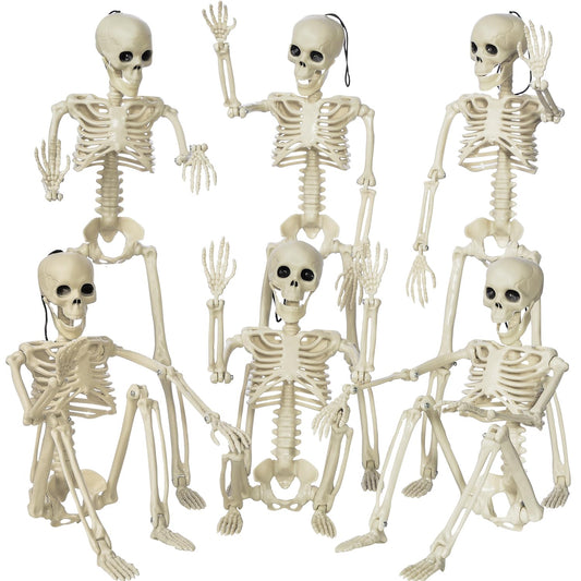 XONOR 16” Posable Halloween Skeleton- Full Body Halloween Skeleton with Movable Joints for Haunted House Props Decorations (6pcs)