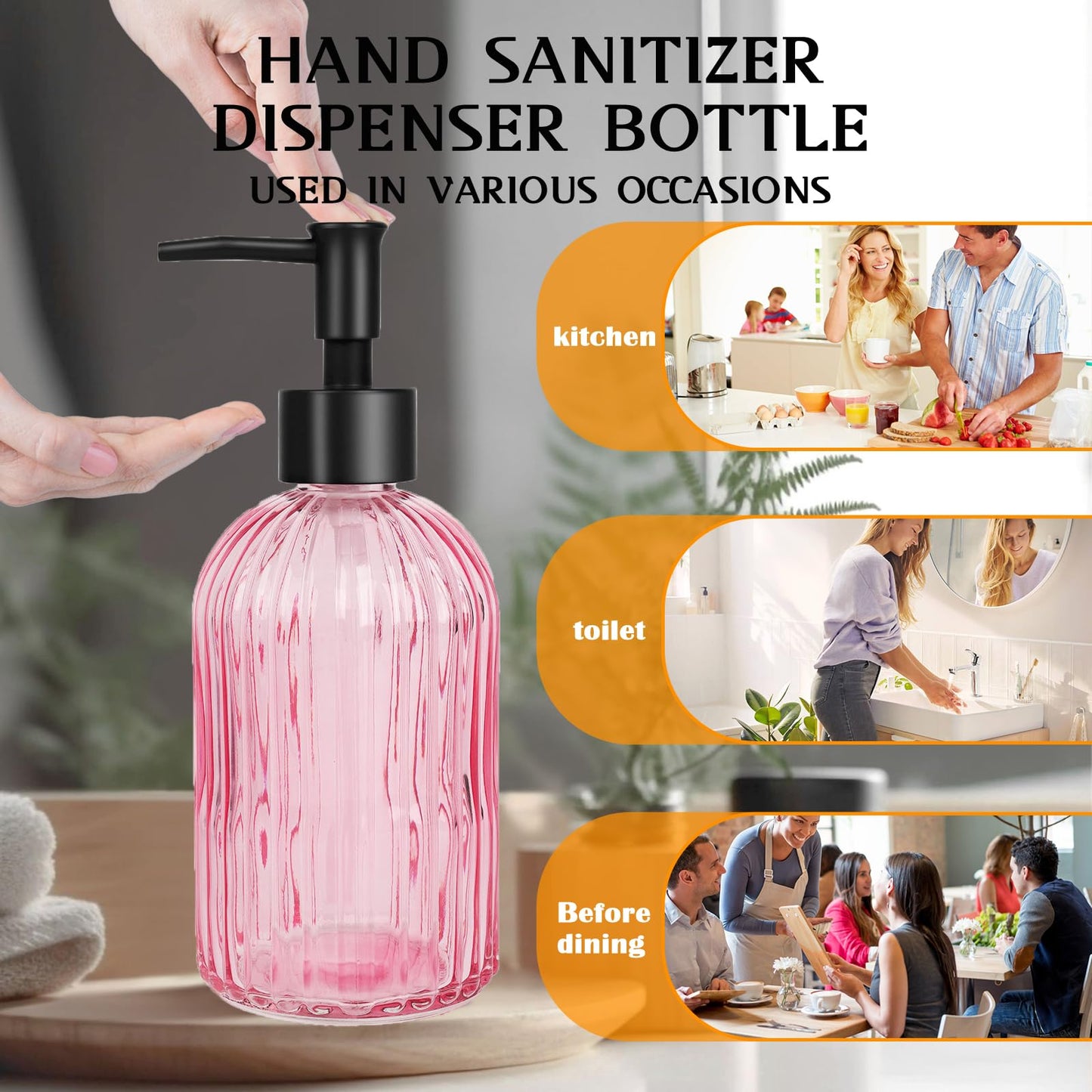 YTDTKJ Pink Glass Soap Dispenser Set with Black Plastic Pump, 400ml/13oz Refillable Liquid Hand Soap Dispenser, Kitchen Dish Soap dispensers for Lotion, Shower & Shampoo, Home, Hotel (2 Pack)