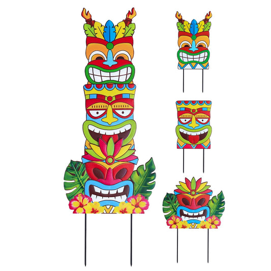 hogardeck Luau Party Decorations, Metal 3 Stacked Tiki Decorative Garden Stakes for Luau Outdoor, Hawaiian Party Decorations Tiki Yard Signs for Tropical Outdoor Garden Lawn