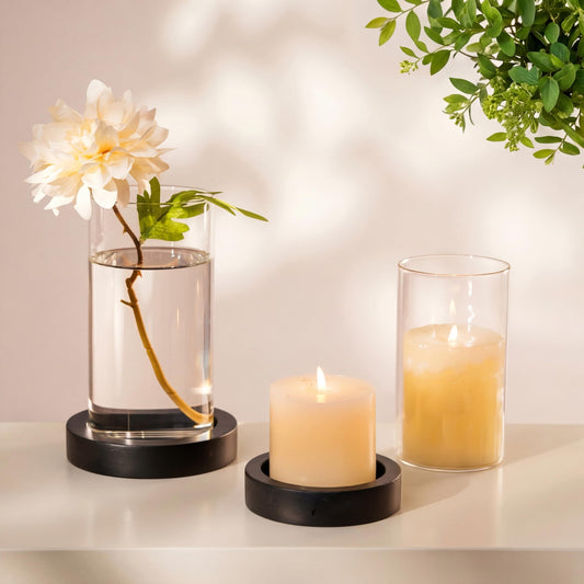 NUPTIO Wooden Candle Holders Pillar: Black Candle Tray with Round Hurricane Glass Vase - Set of 2 Cylinder Floating Candleholder for Home Halloween Thanksgiving Seasonal Decor