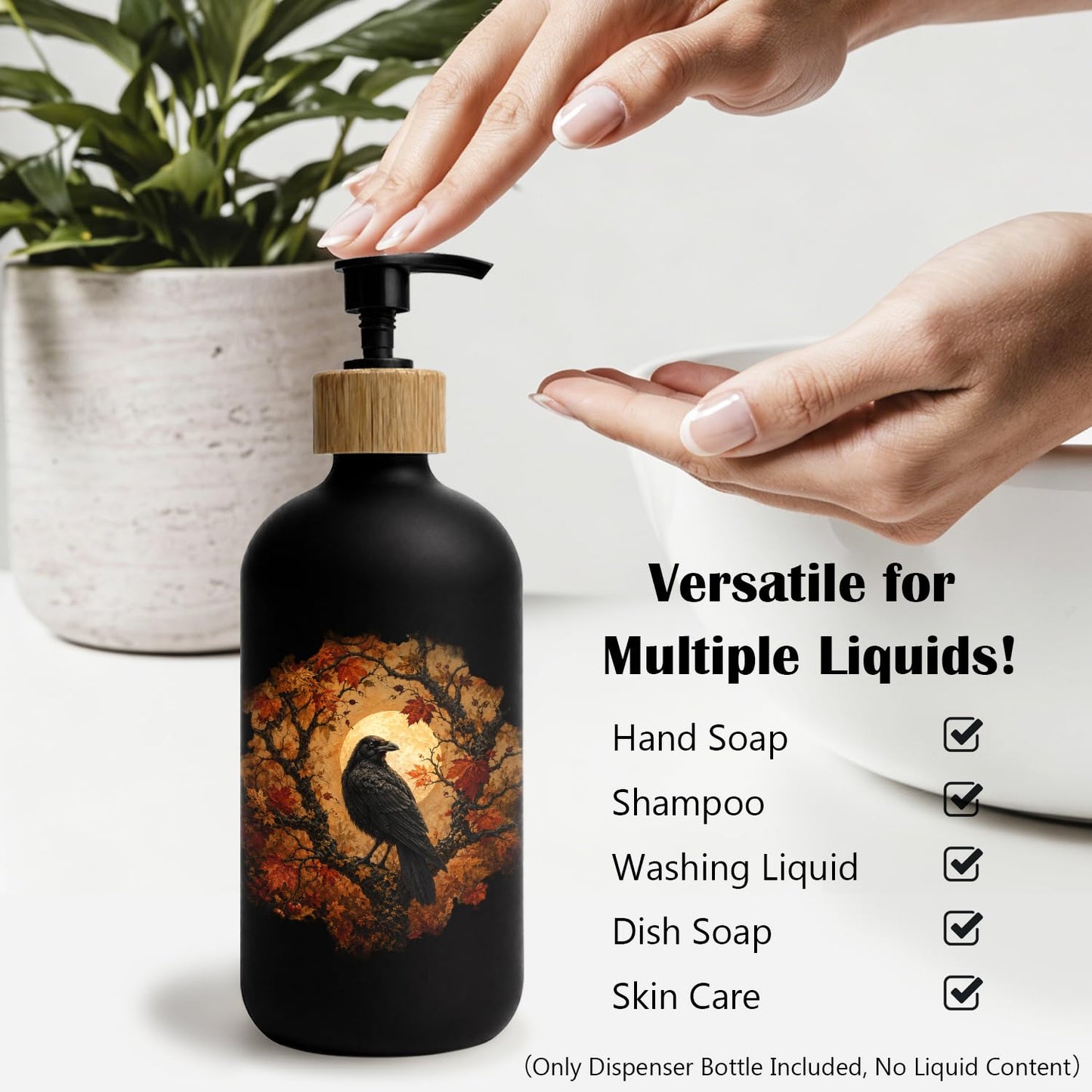 Stelloriellea Fall Halloween Raven Glass Soap Dispenser with Pump