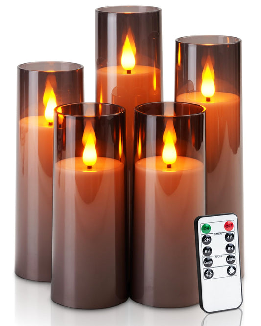 Amagic Grey Flameless Candles with Remote, Flickering Battery Operated Candles with Timer, Acrylic LED Fake Candle for Halloween Home Decor, 3D Wick, D2.2 xH5 5" 6" 7" 8", Set of 5