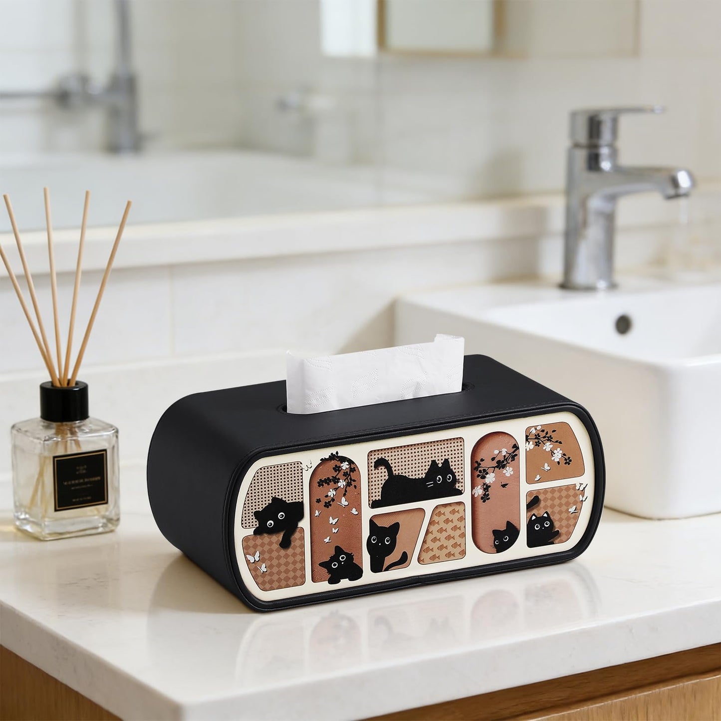 MEIBOOCH Cat-Themed Tissue Box Cover, Cat Lover Gifts PU Leather Tissue Cover, Square/Rectangular Tissue Holder for Bathroom Living Room Office (Black, Rectangle - for 120/160 Count Tissue Boxes)