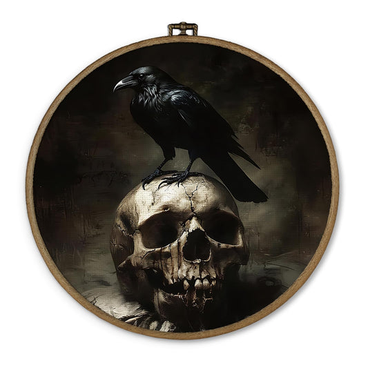dvhdajed Vintage Gothic Raven Skull Round Wall Art Decor,Halloween Gifts, Dark Academia Skeleton Crow Framed Canvas Art, Goth Witchy Raven Round Wall Hanging Decor for Home Bedroom Living Room, 10x10