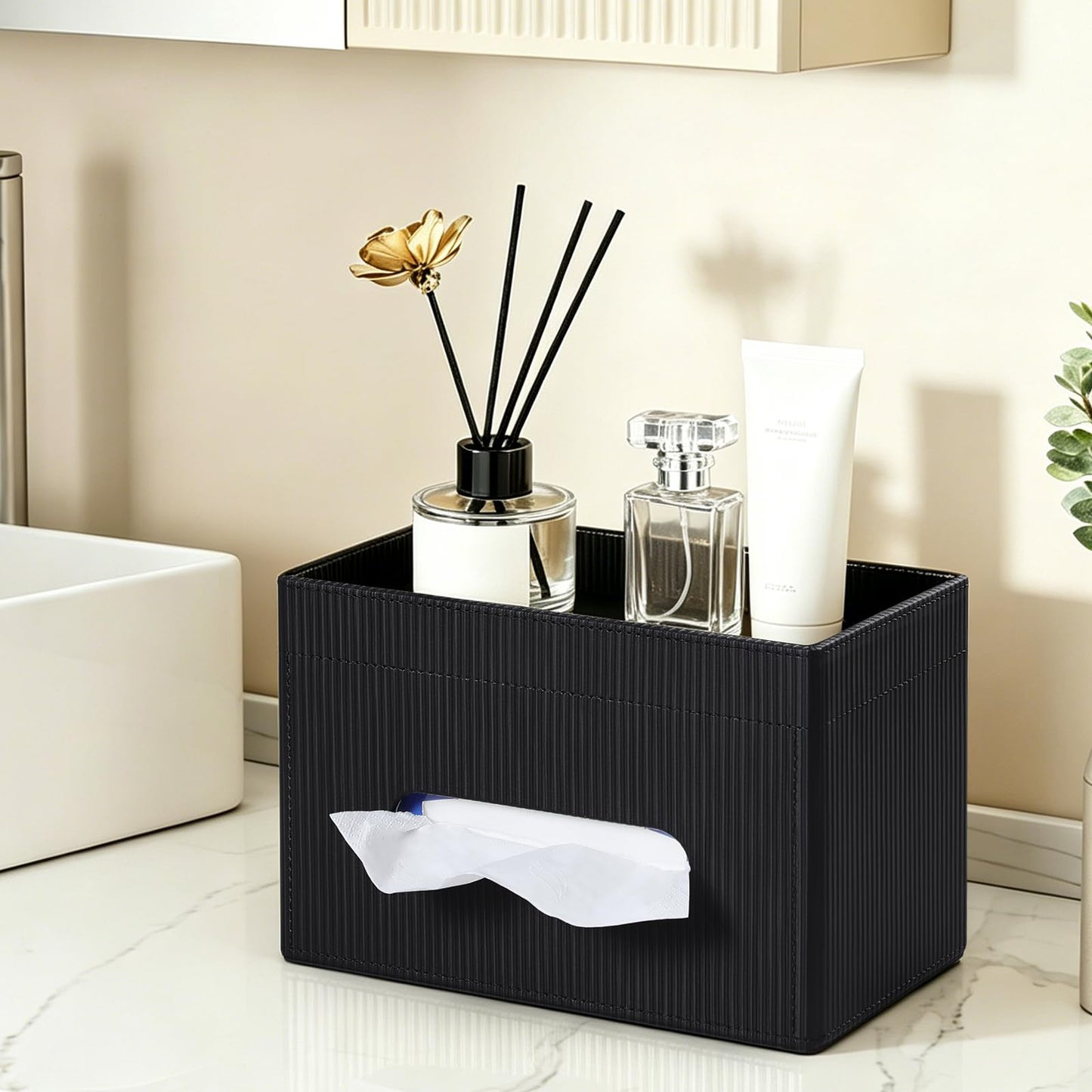 Cretkhp Tissue Box Cover Rectangle with Storage Tray, PU Leather Tissue Holder for Bathroom Vanity Countertop Night Stands Bedroom Office Desk, Stylish Rectangular Tissue Box Holder (Black)