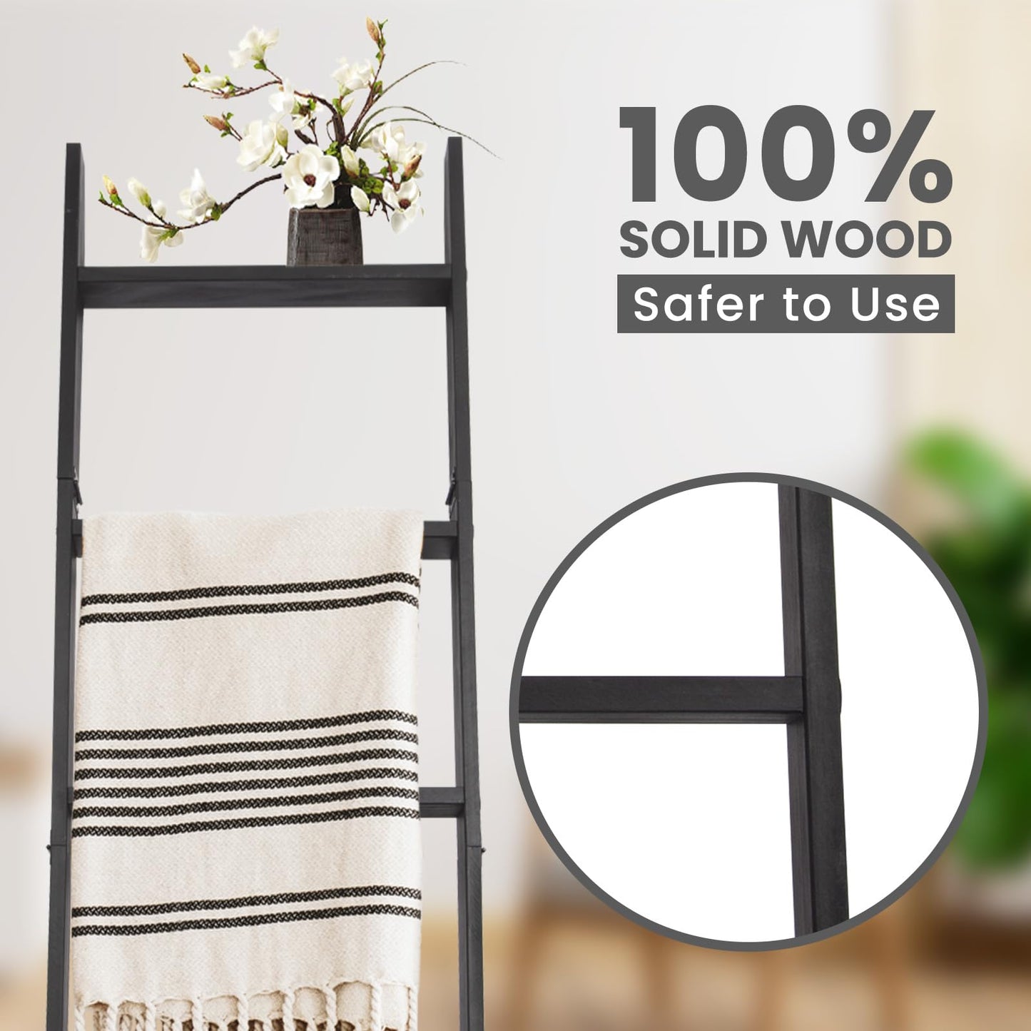 HYBDAMAI 6-Tier Blanket Ladder – 5.5 Ft Wall Leaning Quilt Rack, Farmhouse Blanket Storage for Living Room, Bedroom & Bathroom – Rustic Decorative Wooden Towel & Quilt Holder, Easy to Assemble