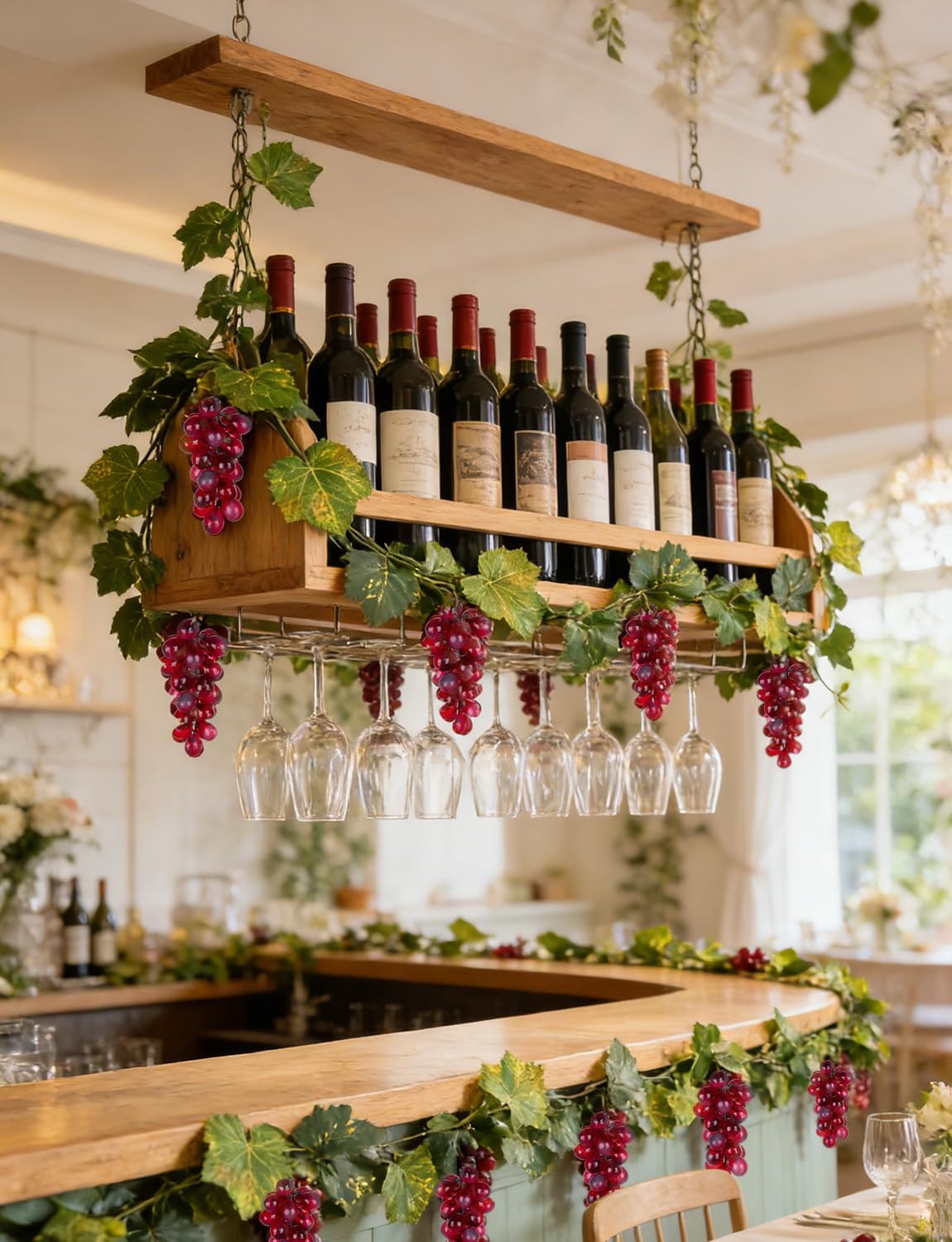 UAYVEBS 6.6FT Artificial Grape Vine Leaf Garland Plant with 7 Strings Grapes, Fake Artificial Greenery Garlands Hanging Leaves for Wedding Party Store Home Indoor Outdoor Garden Spring Decor