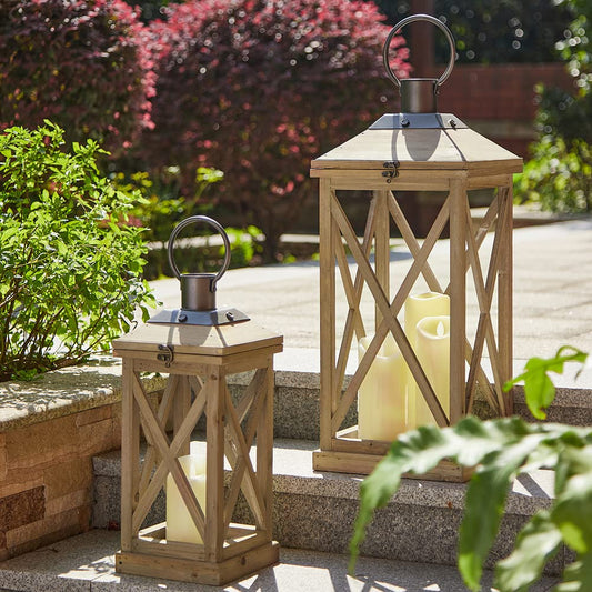 Glitzhome Lanterns Decorative Indoor, Set of 2 Mondern Farmhouse Wooden Lanterns Decor, Decorative Candle Lanterns Large Hanging Lanterns for Fireplace, Patio, Porch, Floor (No Glass)