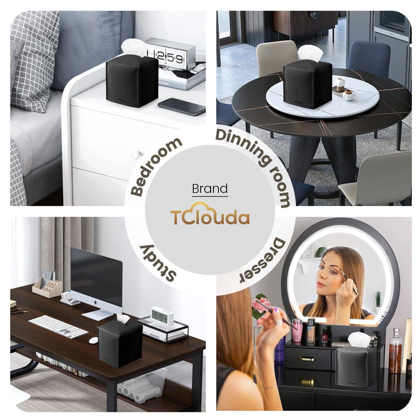 Tissue Box Cover, Tclouda, Modern PU Leather Square Tissue Box Holder for Creative Decorative, 2 Pack, Ideal for Bathrooms/Office/Car/Nightstand/Outdoor Tent/Dining Table, 5"X5"X5", Double Black