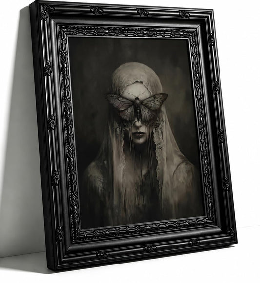 Vintage Gothic Ghost Moth Framed Wall Art - Dark Academia Veiled Woman Canvas Print - Moody Decor for Bedroom - 9x11 Inches