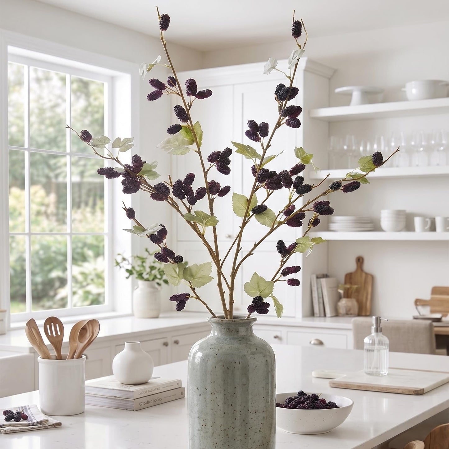 CITYES 2 Pcs Faux Berry Stems Realistic Black Raspberry Berries Flowers Faux Mulberry Picks Artificial Flowers Branches for Indoor Home Decor Vase Thanksgiving Farmhouse Christmas DIY Mantel Harvest