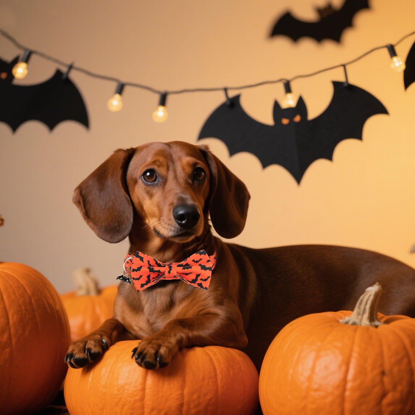 ADOGGYGO Halloween Dog Collar with Bow, Detachable Bat Print Bowtie Charm, Metal Buckle, Adjustable Orange Halloween Collars for Medium Dogs Boy Girl (Medium)
