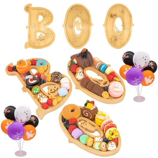Nsoyos 3PCS Wooden Halloween Charcuterie Board Set - Boo Letters (with 14 Balloons) - Halloween Party Table Decoration & Food Tray Platter