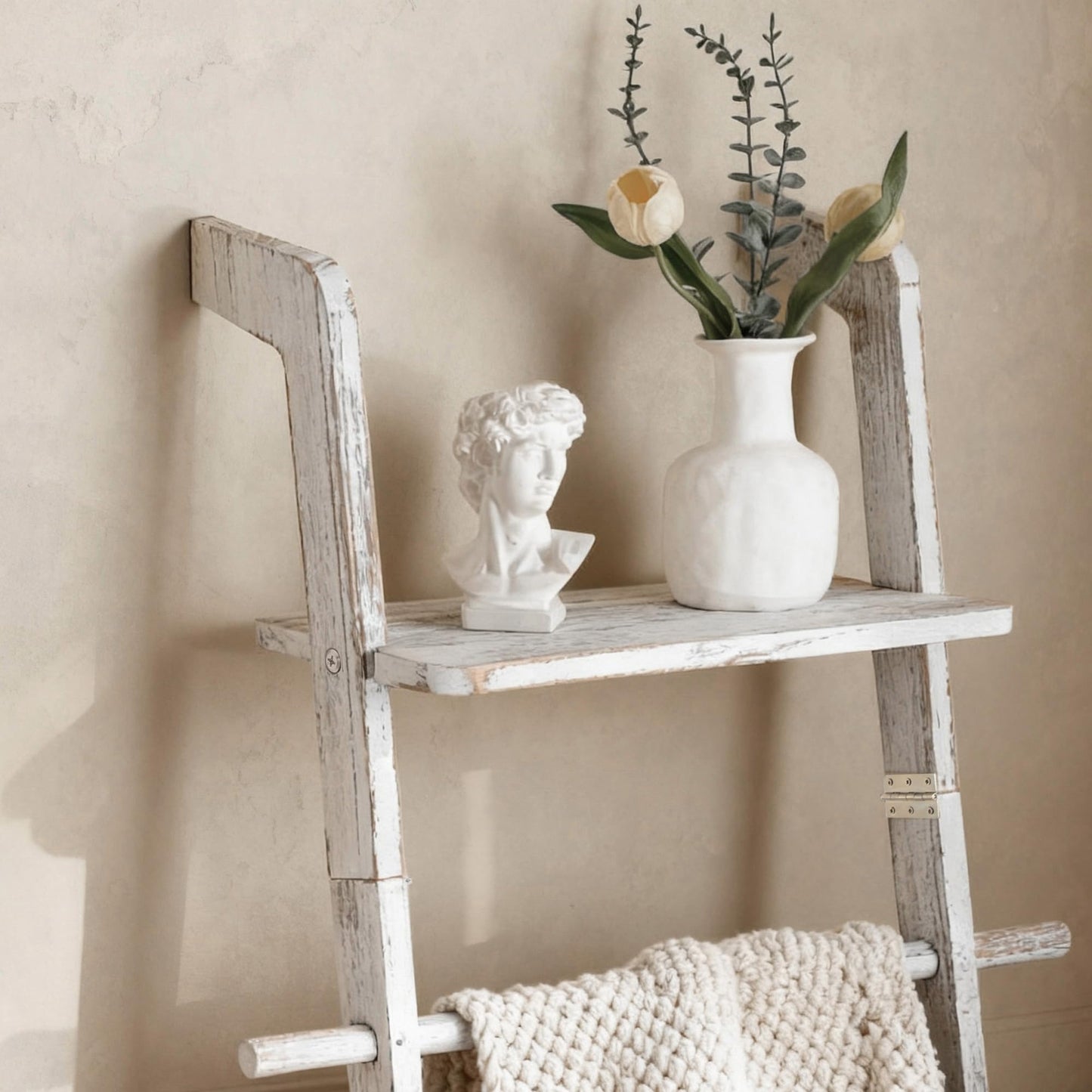 Wash White Wood Blanket Ladder with Top Shelf for the Living Room, 67in Decorative Blanket Holder, 5 Tier with Side Hooks for Hanging, Rustic Farmhouse Towel Throw Ladder Rack for Organize and Display