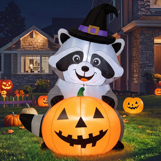 Gerrii 5 ft Halloween Inflatable Witch Raccoon Outdoor Decoration Blow up Pumpkin with Lighted Built-in Halloween Yard Decor Blow up Inflatable for Holiday Lawn Yard Garden Outdoor Indoor Home Decor