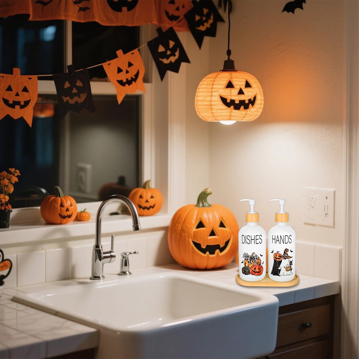 Whaline 2 Pcs Halloween Soap Dispenser Spooky Pumpkin Face Ghost Glass Soap Dispenser with Pump Refillable Liquid Container for Trick or Treat Party Home Kitchen Decor