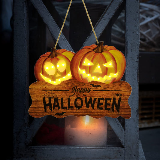 VDKIDKT Light Up Happy Halloween Door Hanger, 12" Wooden Sign with 2 Glowing Jack O Lanterns, Warm White LED Pumpkin Decoration for Front Door Porch Wall Indoor Outdoor Party (2 Pumpkins)