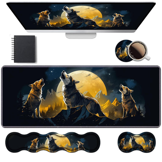Ergonomic Keyboard Wrist Rest & Mouse Pad Wrist Rest Set, Large XXL Gaming Desk Mat 31.5"x 11.8" with Memory Foam, Easy Typing Pain Relief for Office & Home, Wolf Howling Under The Moon