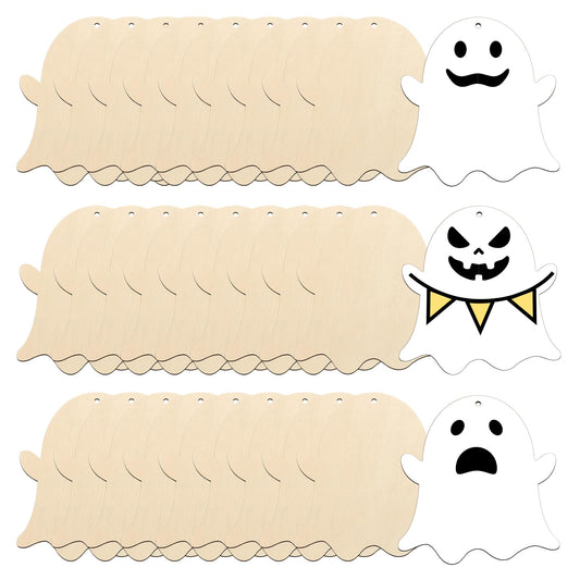 kuchisity Large Size 7'' Wooden Halloween Ornaments to Paint 30 Pcs DIY Blank Unfinished Ghost Wooden Cutouts with Twines for Halloween Thanksgiving Day Fall Party