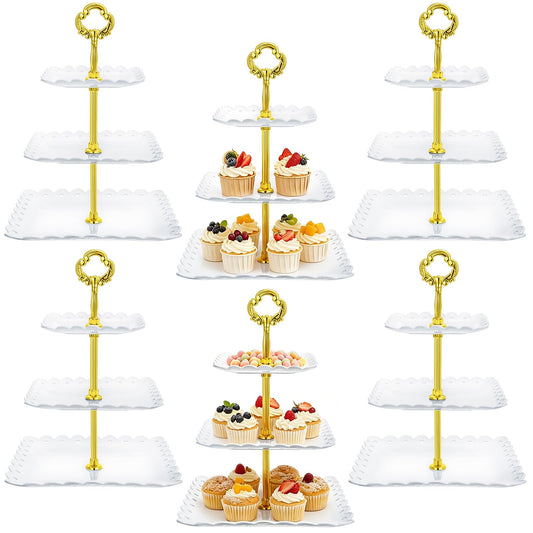 Gandeer 6 Sets of 3 Tier Tea Party Cupcake Stand, White Plastic Cupcake Dessert Plates Square Display Trays for Cake Fruit Candy Display Tower for Wedding Birthday Baby Shower Decorations