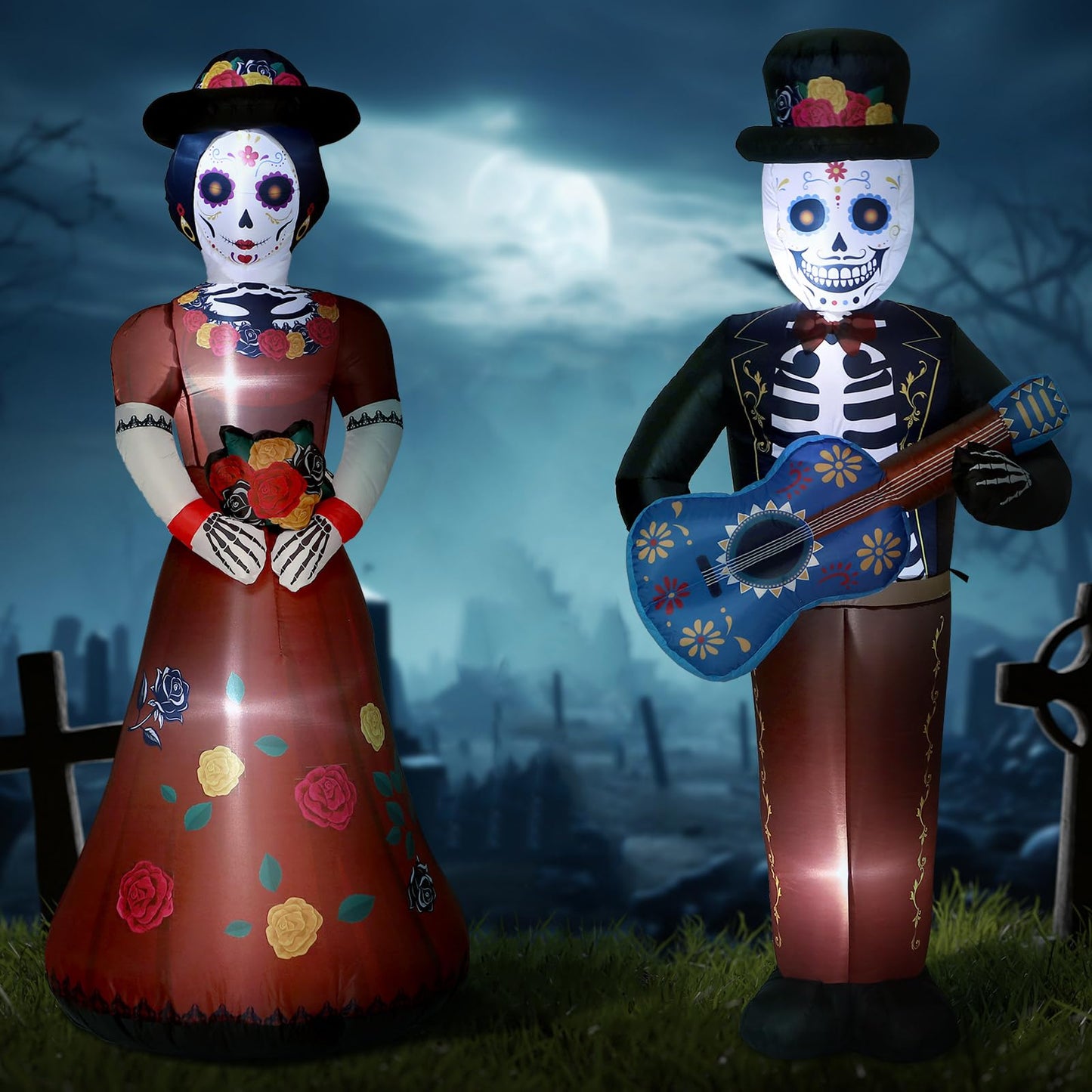 Fourluoo 2 Pcs 4.9 ft Dia De Los Muertos Inflatable Outdoor Decoration Day of The Dead Light up Blow up Sugar Skull Halloween Inflatable Couple Groom and Bride Yard Decoration for Garden Lawn Decor