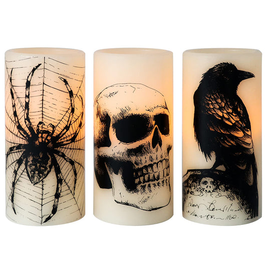 Wondise Halloween Flickering Flameless Candles with 6hrs Timer, Battery Operated LED Real Wax Candles Set of 3 Skull, Spider Web, Crow Raven Decals Halloween Home Decoration Gifts(3 x 3 x 6 Inch)