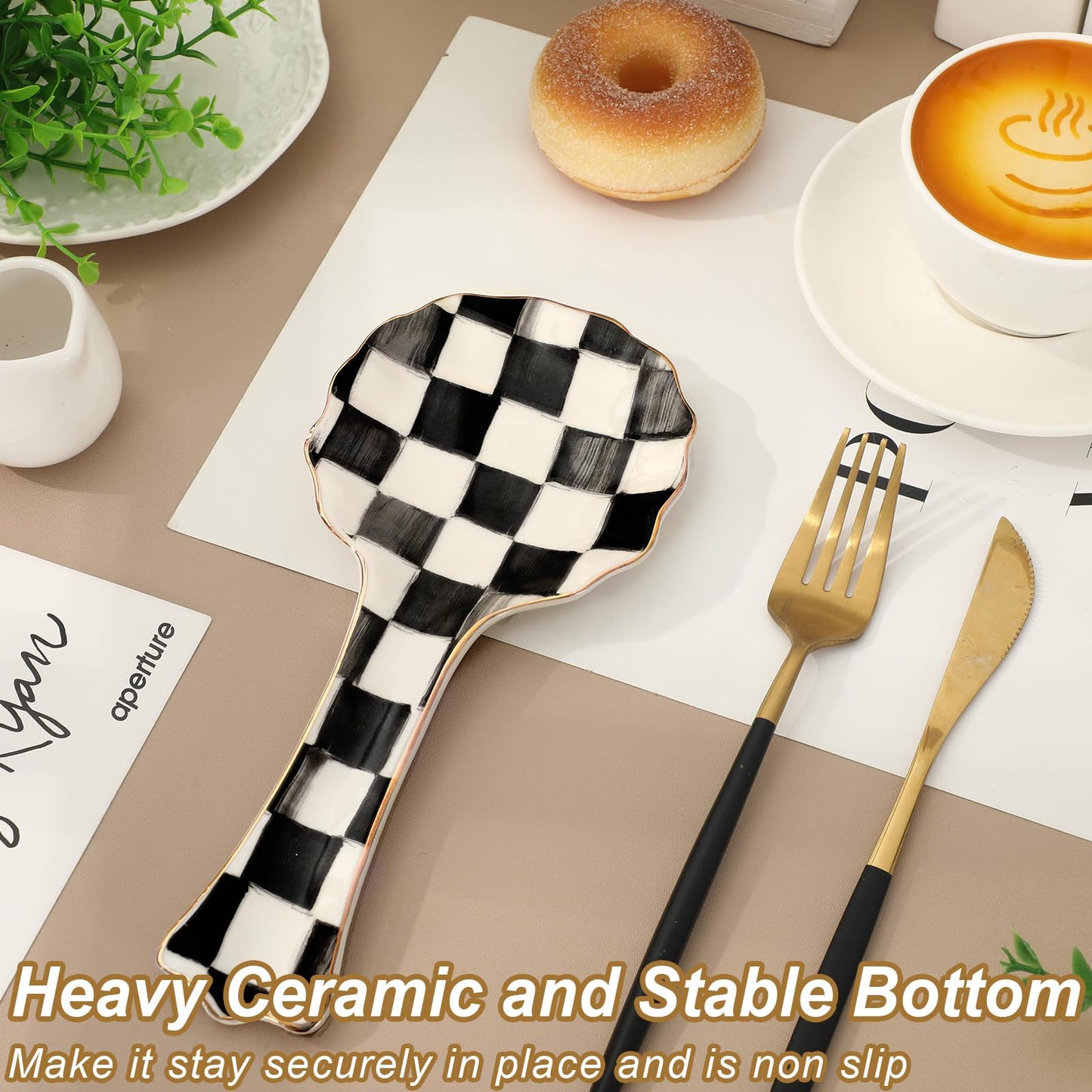 FYSUIMU 8.9 Inch Checkerboard Ceramic Spoon Rest Retro Checkered Scalloped Cooking Spoon Holder with Gold Rim for Stove Top Kitchen Countertop Decor