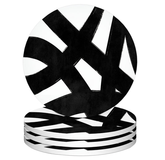 Black and White Coasters Set of 4, Modern Abstract Geometrical Black and White Ceramic Car Drink Coaster Cup Mat with Cork Back for Table Desk Decor