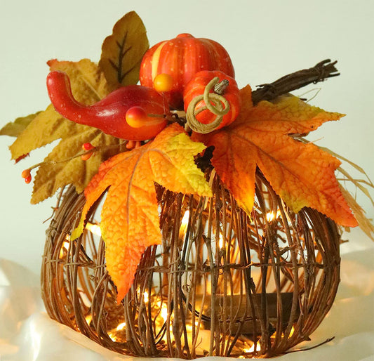 8 Inch Lighted Pumpkin Fall Decor – LED Thanksgiving Decoration with Maple Leaves, Berries, and Pumpkin, Autumn Harvest Centerpiece for Table, Indoor Outdoor Outdoor Pumpkins for Porch Home Display