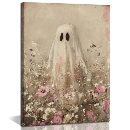 Wildflower Ghost Canvas Wall Art Pink Floral Meadow Cute Ghost Wall Decor Vintage Moody Ghost Pictures Paintings Spooky Fall Halloween Posters Prints Gothic Dark Preppy Home Decor Aesthetic 12x16 Inch