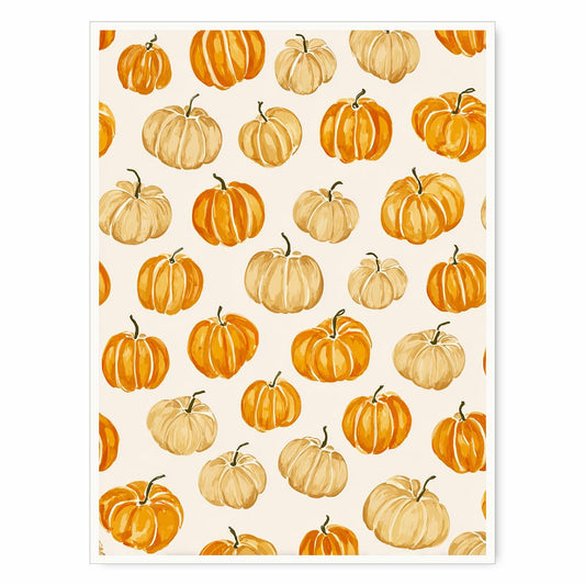 Pumpkin Pattern Wall Art – Modern Fall Illustration Print with Beige and Orange Gourds, Seasonal Autumn Canvas for Farmhouse Dining Room or Entryway 12x16in Unframed
