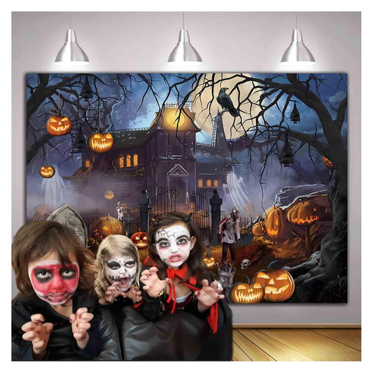 Halloween Theme Backdrop 8x6ft for Photography Scary Ghost Castle Moon Night Scary Pumpkin Lantern Crow Photo Background for Horror Halloween Party Portraits Decor Banner