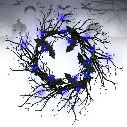 Artificial Halloween Black Branch Wreath with Bats,Handcrafted Halloween Horror Wreath Sparkling Hanging Decorations for Indoor Outdoor Party Window Wall Decor Farmhouse Garland Yard