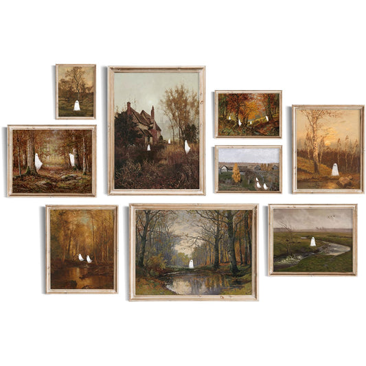 SQGGZH Vintage Ghosts Wall Art Set of 9, Autumn Moody Halloween Edition Prints, Little Ghosts in Fall Landscapes Vintage Gallery Wall, Spooky Farmhouse Halloweens Canvas Decor, Perfect for Farmhouse Halloween, Fall Decor and Country Cottage Halloween Deco