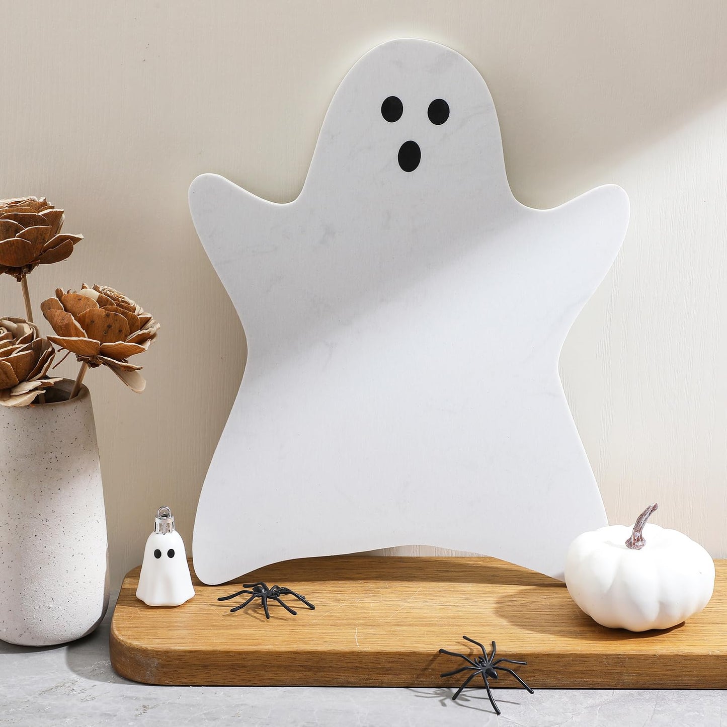 Reallnaive Halloween Ghost Marble Cheese Board, 11.8 x 9.8 Inch White Marble Charcuterie Board Decorative Serving Tray for Halloween Cheese, Appetizers, Kitchen and Holiday
