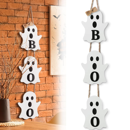 Vicenpal Halloween Ghost Boo Wooden Door Hanger Sign, Large Cute Ghost Decor for Front Door Yard Wall Indoor/outdoor Halloween Party Decorations(Classic)