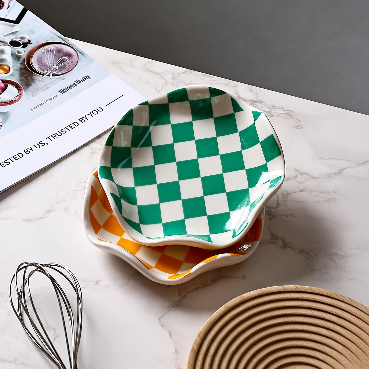 Koythin Ceramic Spoon Rest for Stove Top, Kitchen Counter, Heat-Resistant Utensil Holder, Cute Decorative Checkerboard Spoon Rest Dish for Cooking, Coffee Bar, and Countertop Decor (Orange)