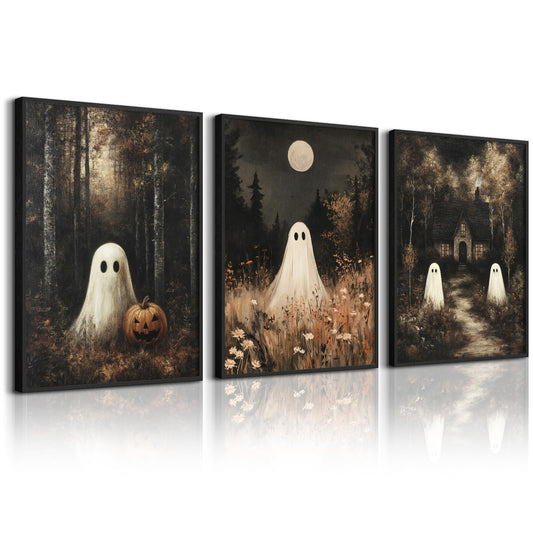 Halloween Ghost Wall Art Decor Vintage Spooky Prints Cute Ghost Canvas Wall Art Vintage Halloween Poster Dark Forest Pumpkin Pictures Academia Aesthetic Painting for Bedroom 12x16x3 Inch Unframed
