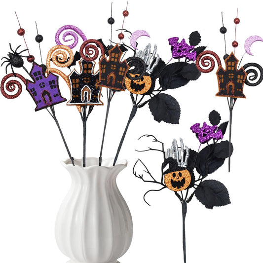 4 Pcs Artificial Halloween Floral Picks Purple Orange Black Berry Stems Halloween Tree Branches for Flower Arrangemant Table Centerpiece Halloween DIY Crafts Festival Home Decoration (Orange)