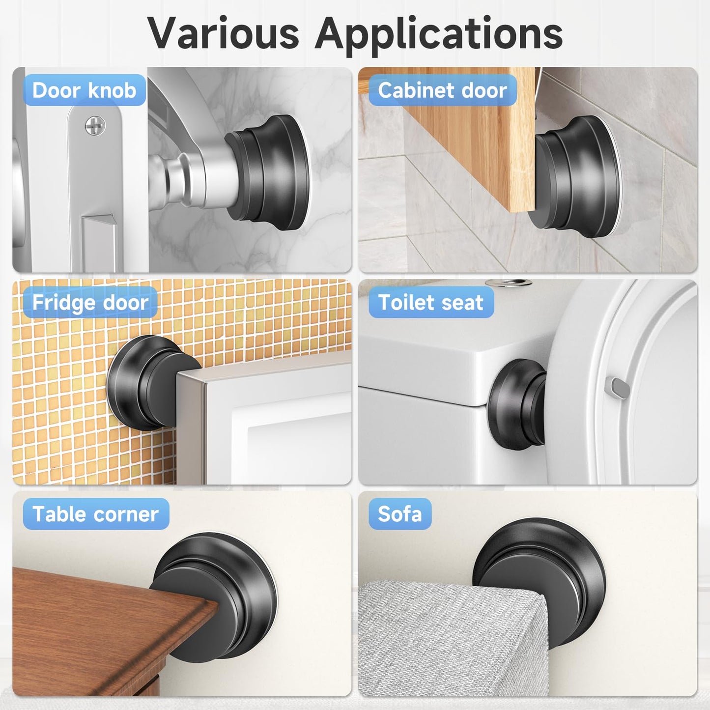 Door Stoppers for Wall, 1.65 x 0.9 Inch Door Knob Wall Protector with Silicone & Aluminum Alloy, Adhesive & Screw Mounting Door Bumper for Home & Office Walls, Black
