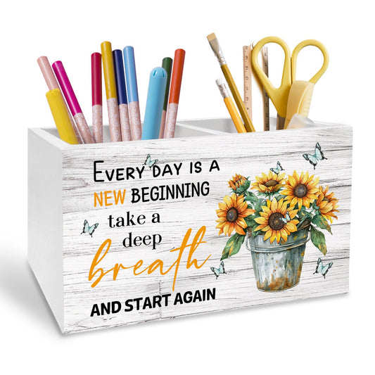 METNBASYY Inspirational Sunflower Pen Holder for Desk, Inspirational Gifts for Women Pencil Organizer, Rustic Floral Butterfly Wooden Box Sign Desk Decor for Farmhouse Home Office Decoration