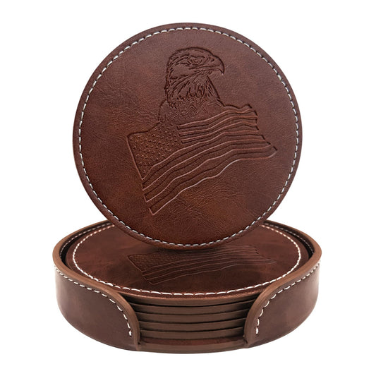 Coasters for Drinks, Wayzton Set of 6 Faux Leather Handmade Embossing Coasters with Holder Waterproof Round Cup Mat Pad for Home Office Bar Decor Housewarming Gifts