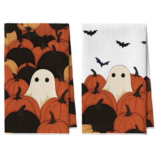 Artoid Mode Black Pumpkin Ghost Halloween Bar Kitchen Towels, 12x24 Inch Quick Dry Microfiber Cloth Dish Towels for Kitchen Drying Set of 2