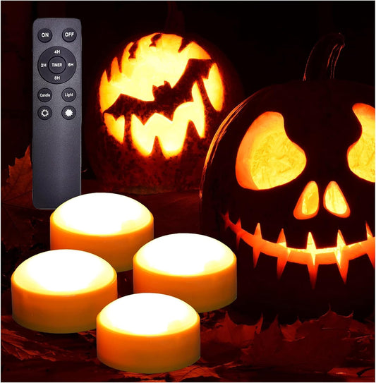 iZAN 4 Pack Orange Halloween Pumpkin Lights Battery Operated LED Bright Flickering Flameless Candles with Remote and Timer for Pumpkin Décor Jack-O-Lantern Halloween Party Home Decorations