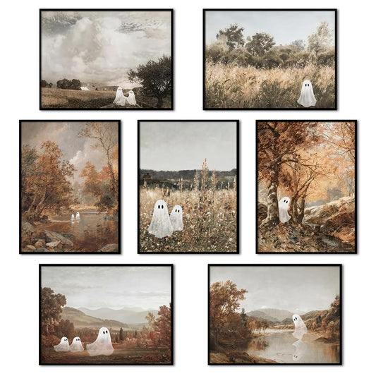 Mynotix Funny Halloween Poster Set of 7, Cute Ghost Country Landscape Wall Art, Vintage Haunted Forest Canvas Painting Print Pictures for Bedroom Living Room Dorm Unframed 8x10 inch