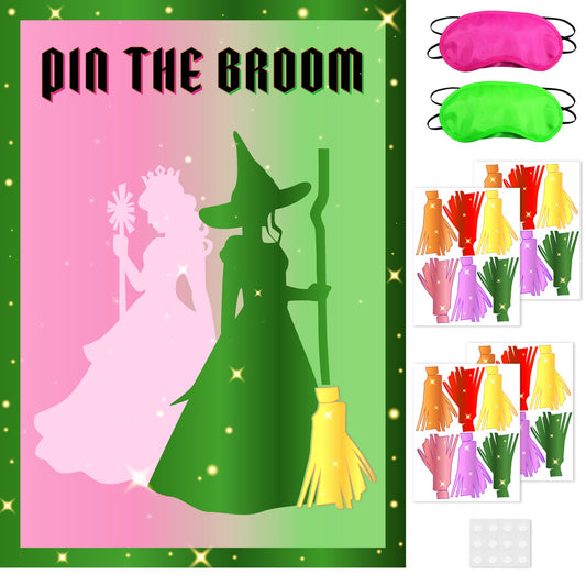 AFZMON Witch Party Decorations Pin The Broom Birthday Party Games Decorations, Pink and Green Poster with 24 Reusable Broom Stickers for Witch Party Wall Decorations Supplies- 19.5Inch x27.5Inch
