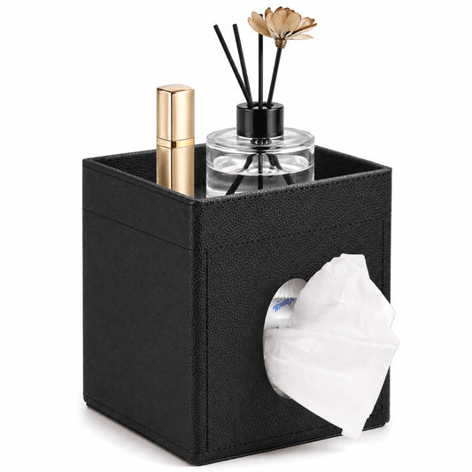 LAMOTI Leather Tissue Box Cover with Storage Tray, Square Facial Tissue Box Holder for Bathroom, Office Table, Countertop, Night Stand & More (Black)
