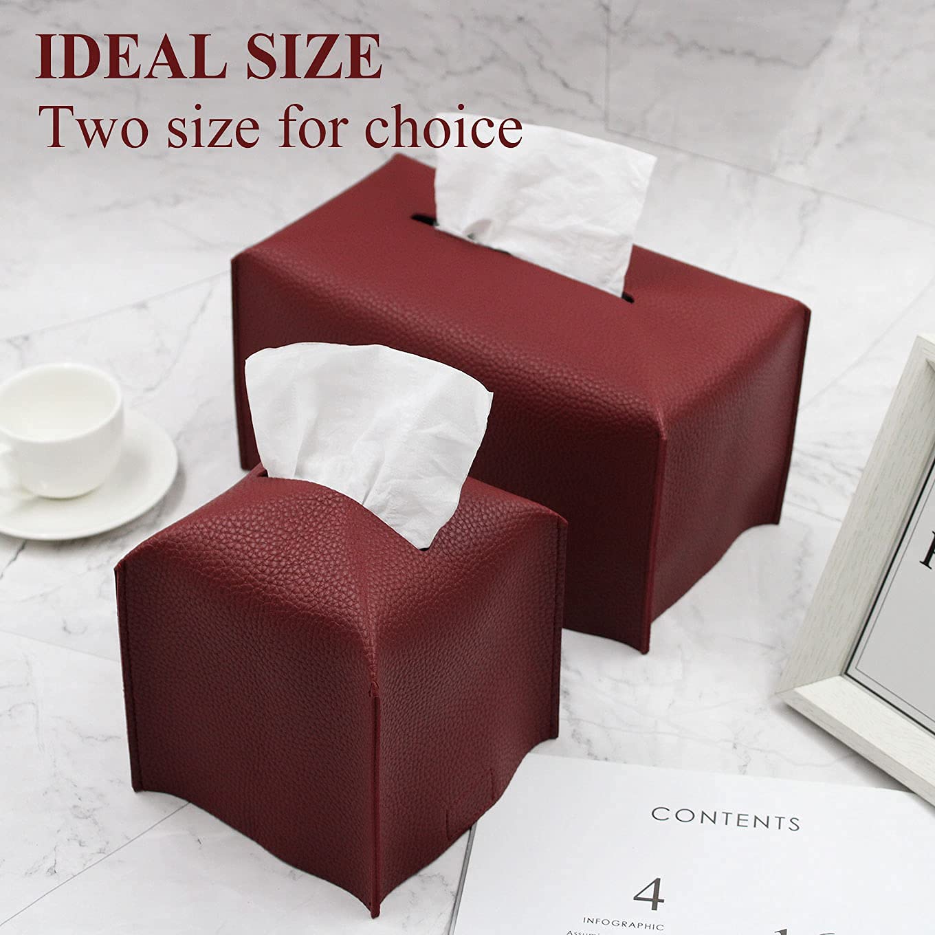 Livelab Tissue Box Cover, Modern Decorative PU Leather Rectangular Tissue Box Case Organizer Holder for Vanity Countertop, Night Stands, Livingroom, Office Desk & Car 9.5X5X5'' | Wine Red